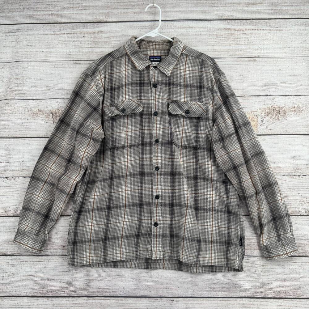 Patagonia Organic Long Sleeved Fjord Flannel Shirt Mens Large‎ Gray Cream Brown